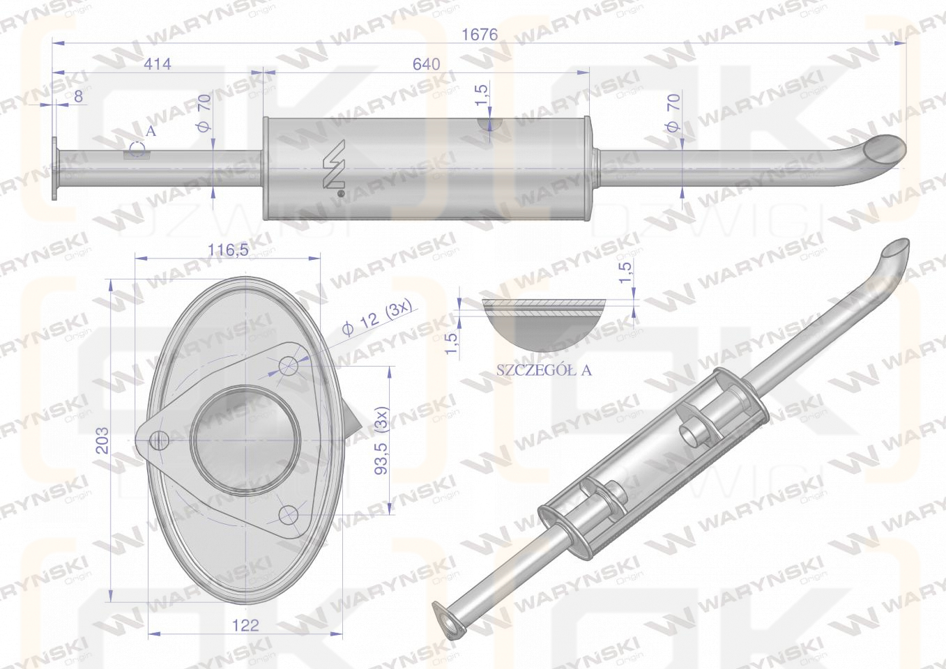 Tłumik TURBO 1676mm 9.8kg C-385 inox gięty wylot Waryński