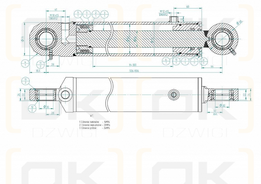 Cylinder hydrauliczny, siłownik pomocniczy podnośnika C-385 6-cyl. SMT2CJ.63.36.300 Kraj