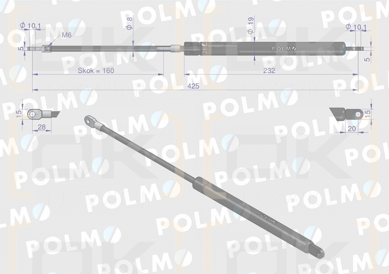 Siłownik szyby tylnej. szyberdachu. drzwi L max. 425mm 10368916 ZETOR POLMO