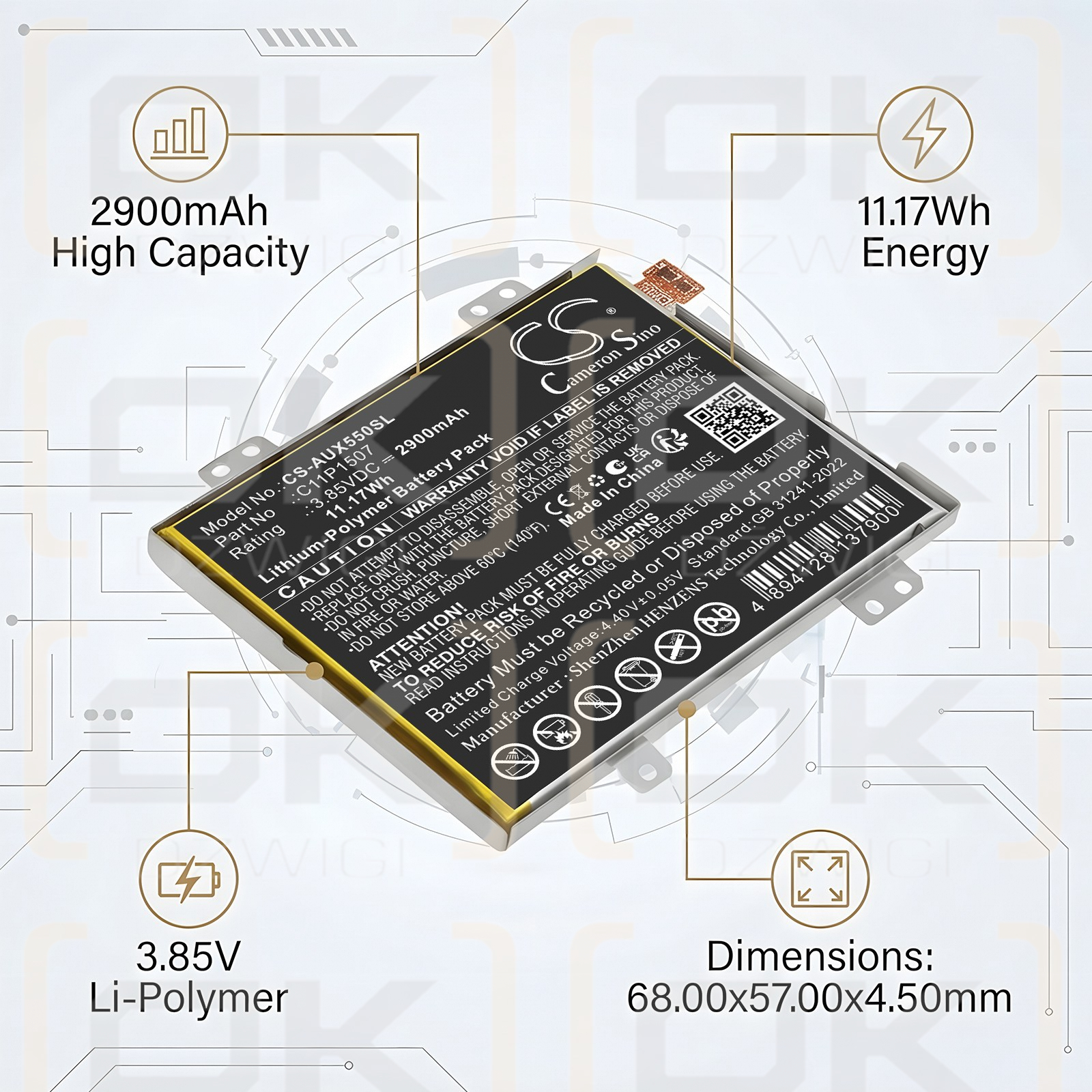 Сменный аккумулятор для Asus ZX551ML ZX550M / C11P1507 2900 мАч Li-Polymer 3,85 В (Cameron Sino)