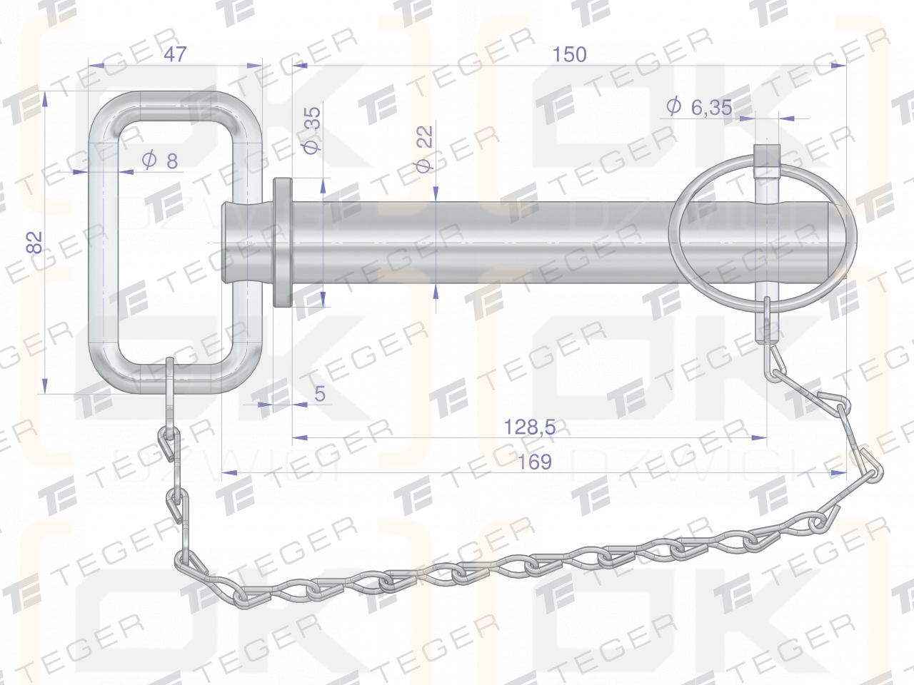 Hitch pin with cotter pin and chain 22x128.5x150 TEGER
