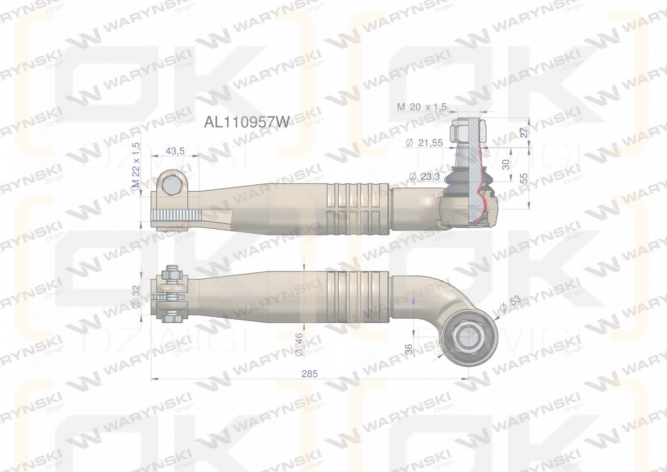 Przegub kierowniczy lewy 285mm- M22x1,5 AL110957 WARYŃSKI