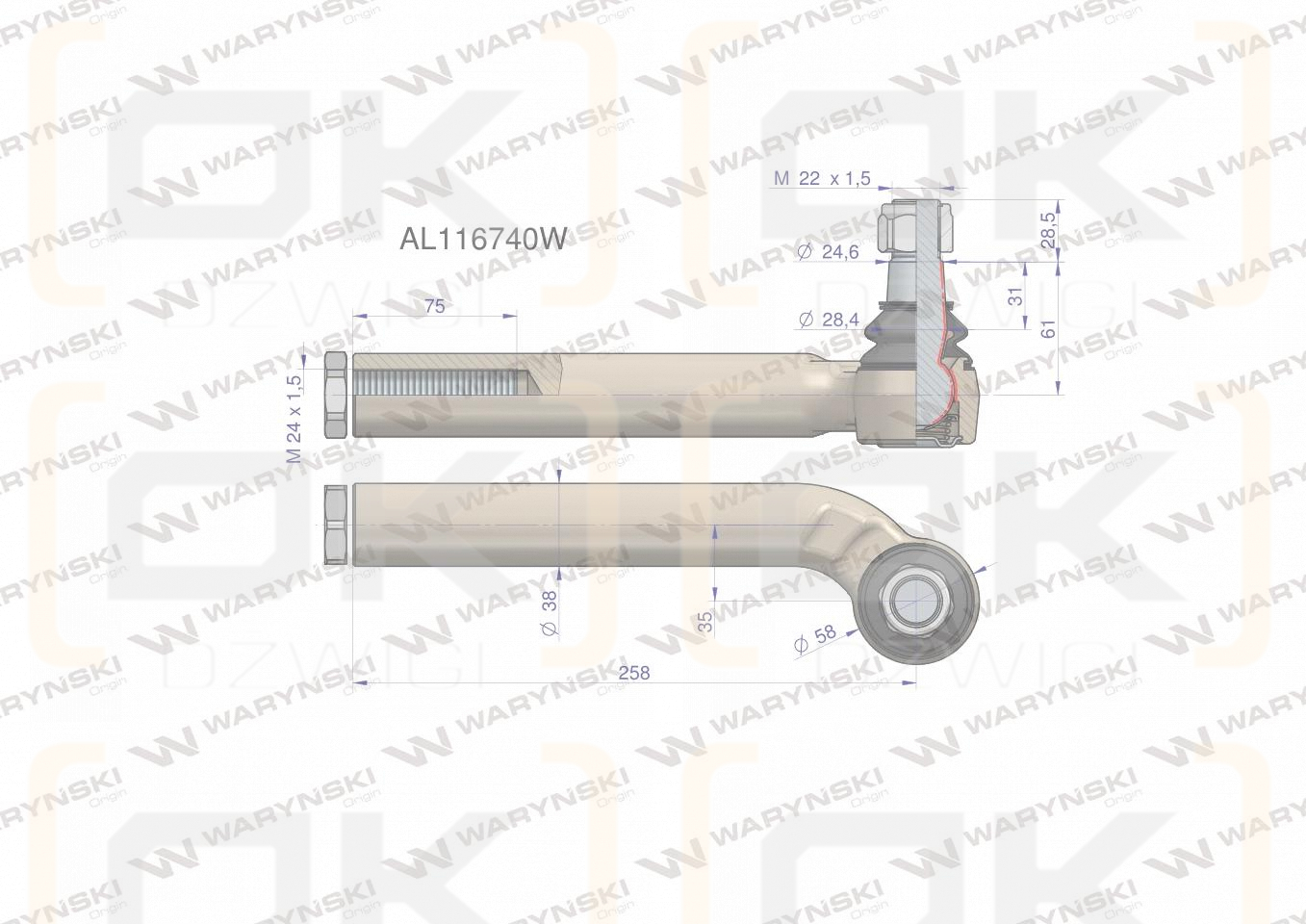 Przegub kierowniczy lewy 258mm- 24x1,5 AL116740 WARYŃSKI