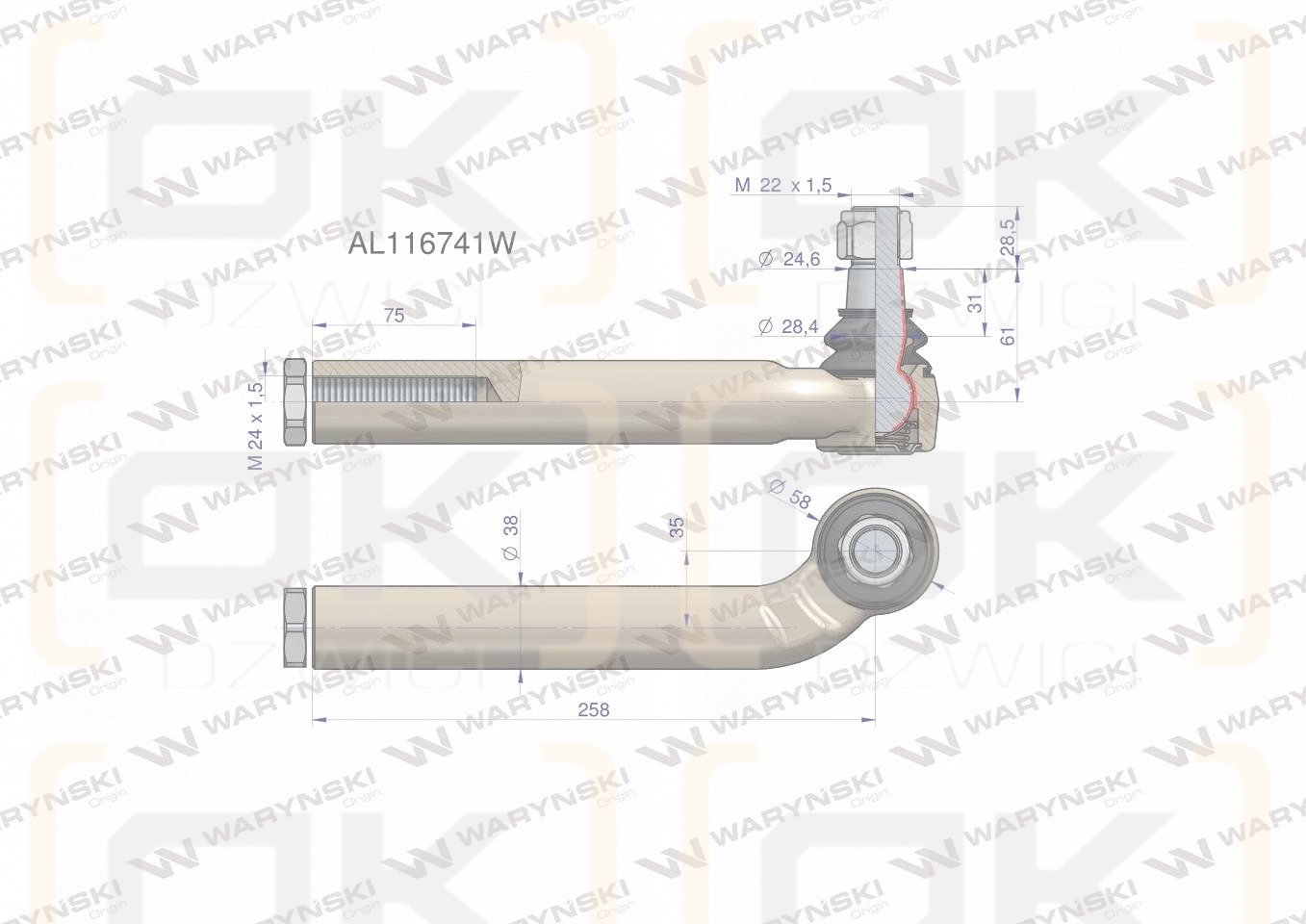 Przegub kierowniczy prawy 258mm- M24x1,5 AL116741 WARYŃSKI