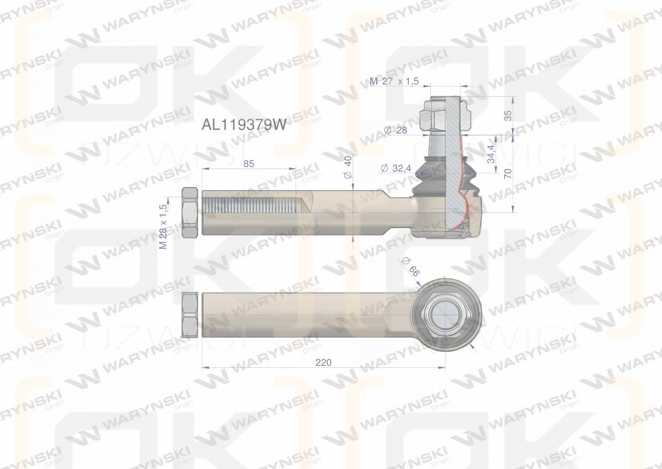 Przegub kierowniczy 220mm- M28x1,5 AL119379 WARYŃSKI