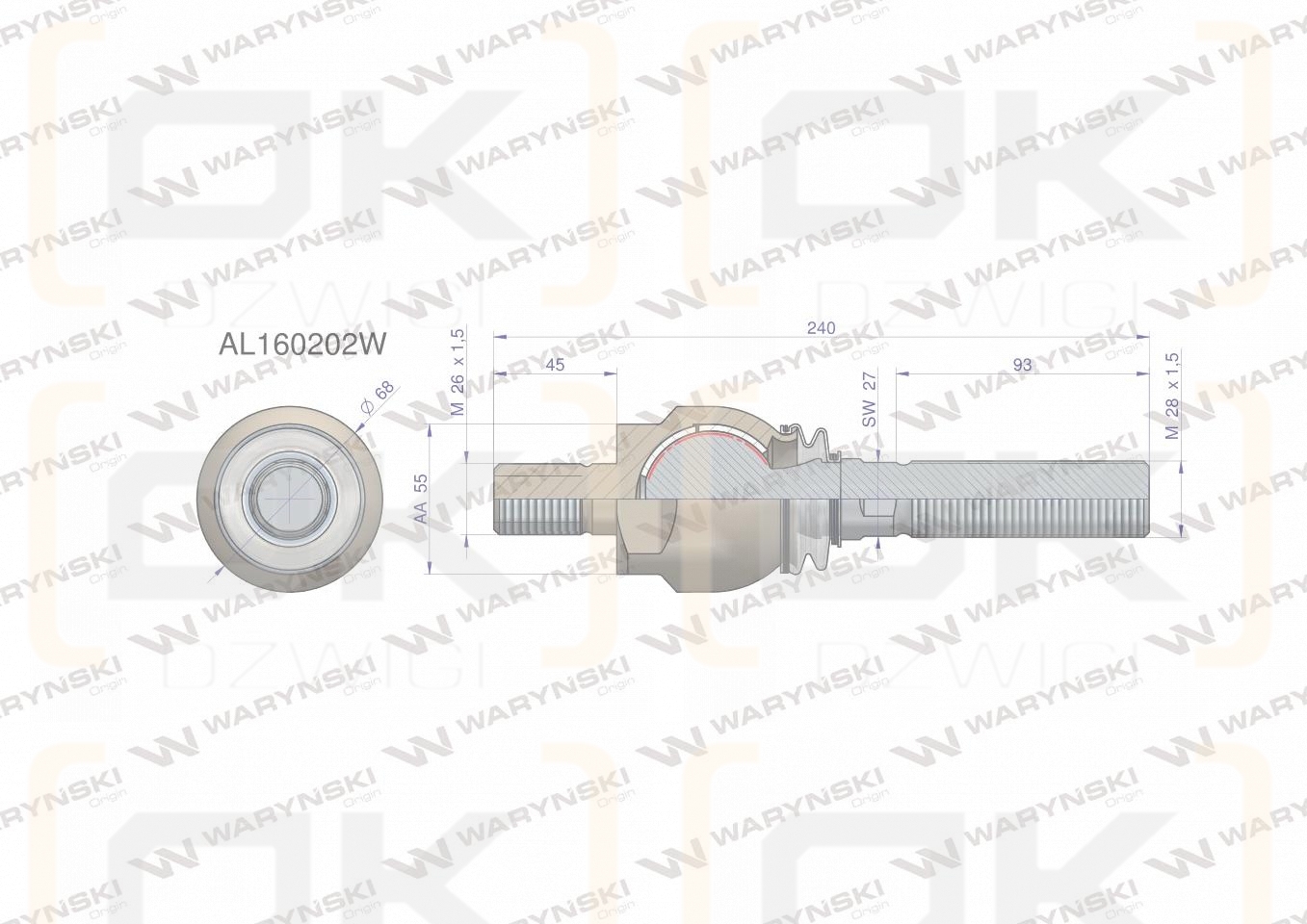 Przegub kierowniczy 240mm- M26x1,5; M28x1,5 AL160202 WARYŃSKI