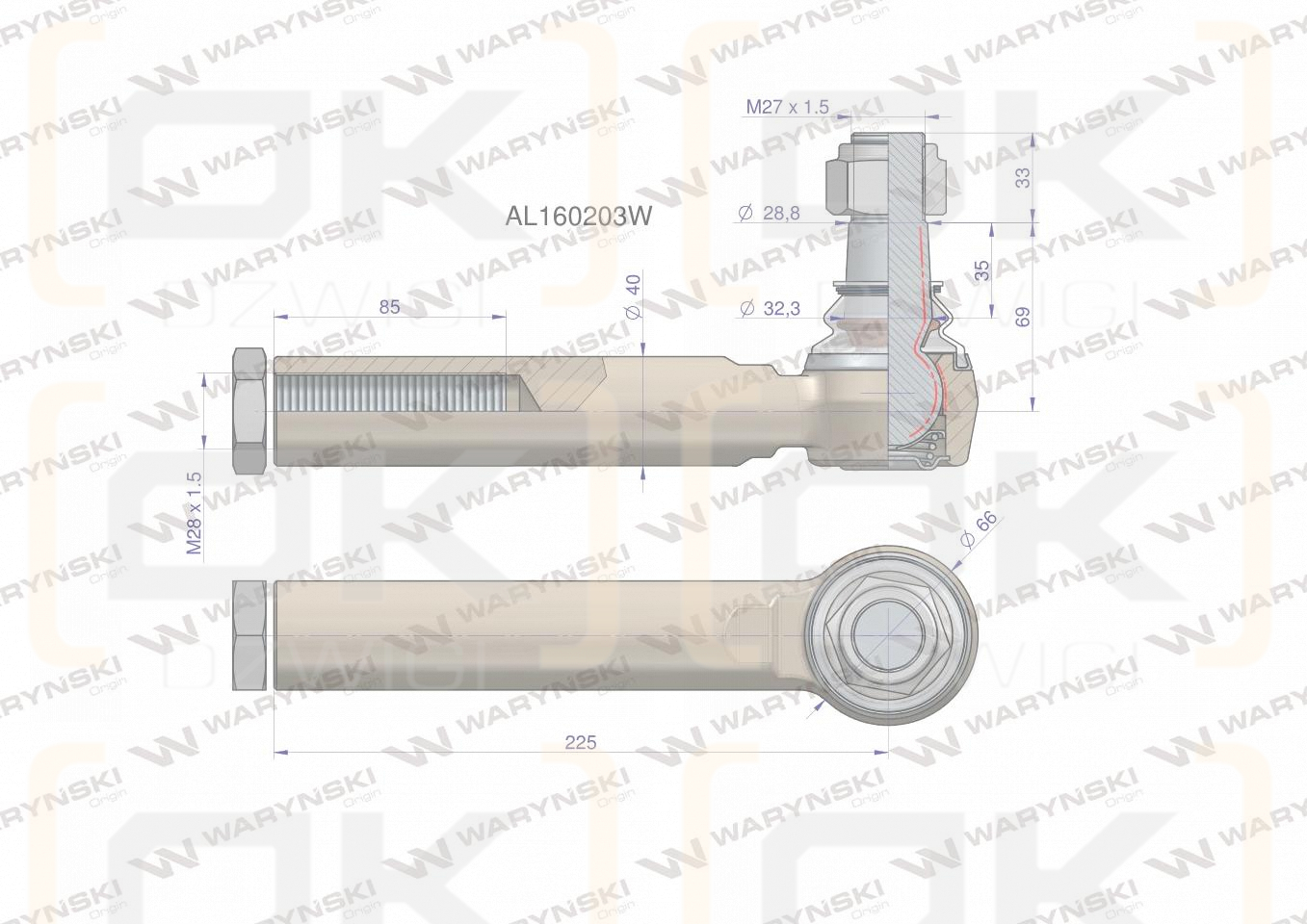Przegub kierowniczy 225mm- M28x1,5 AL160203 WARYŃSKI