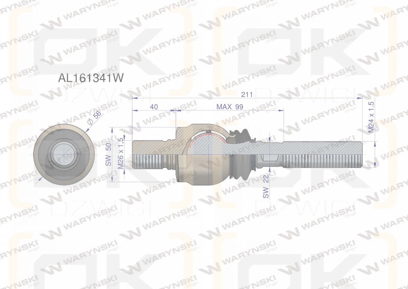 Przegub kierowniczy 211mm - M26x1,5 ; M24x1,5 AL161341 WARYŃSKI