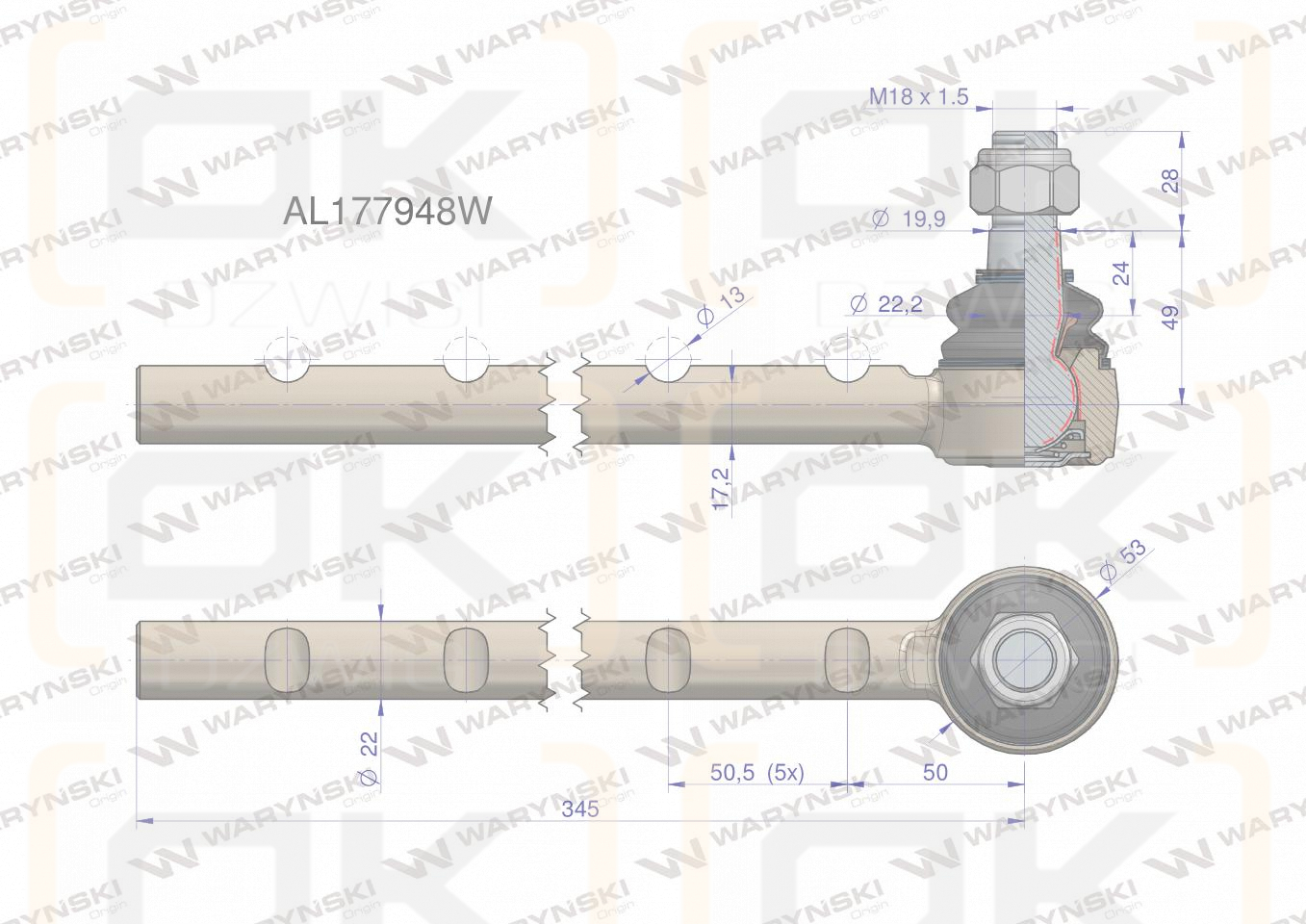 Przegub kierowniczy 345mm AL177948 WARYŃSKI