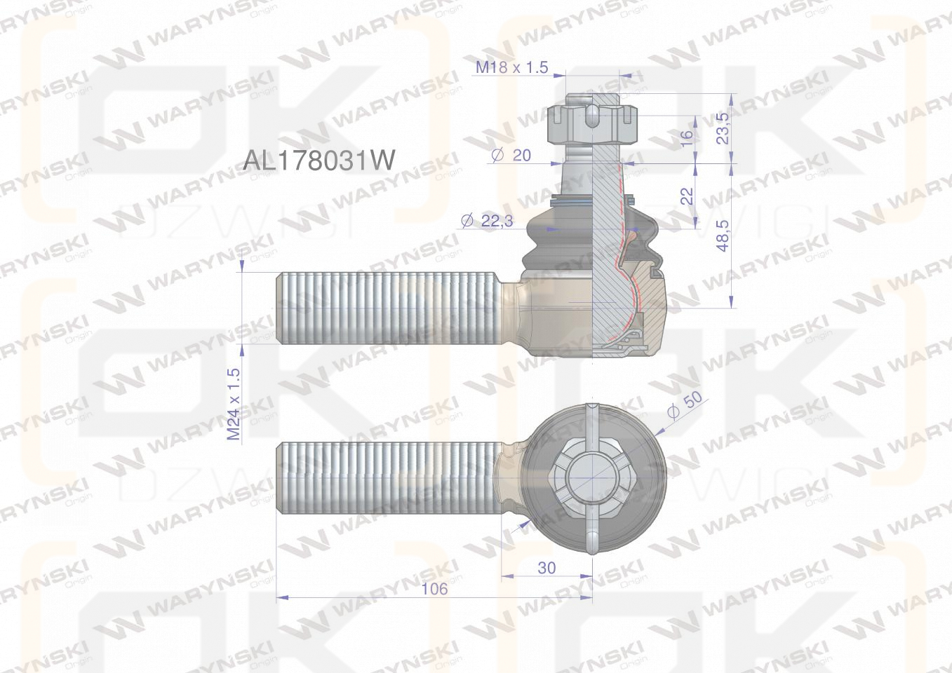 Przegub kierowniczy 106mm - M24x1,5 AL178031 WARYŃSKI