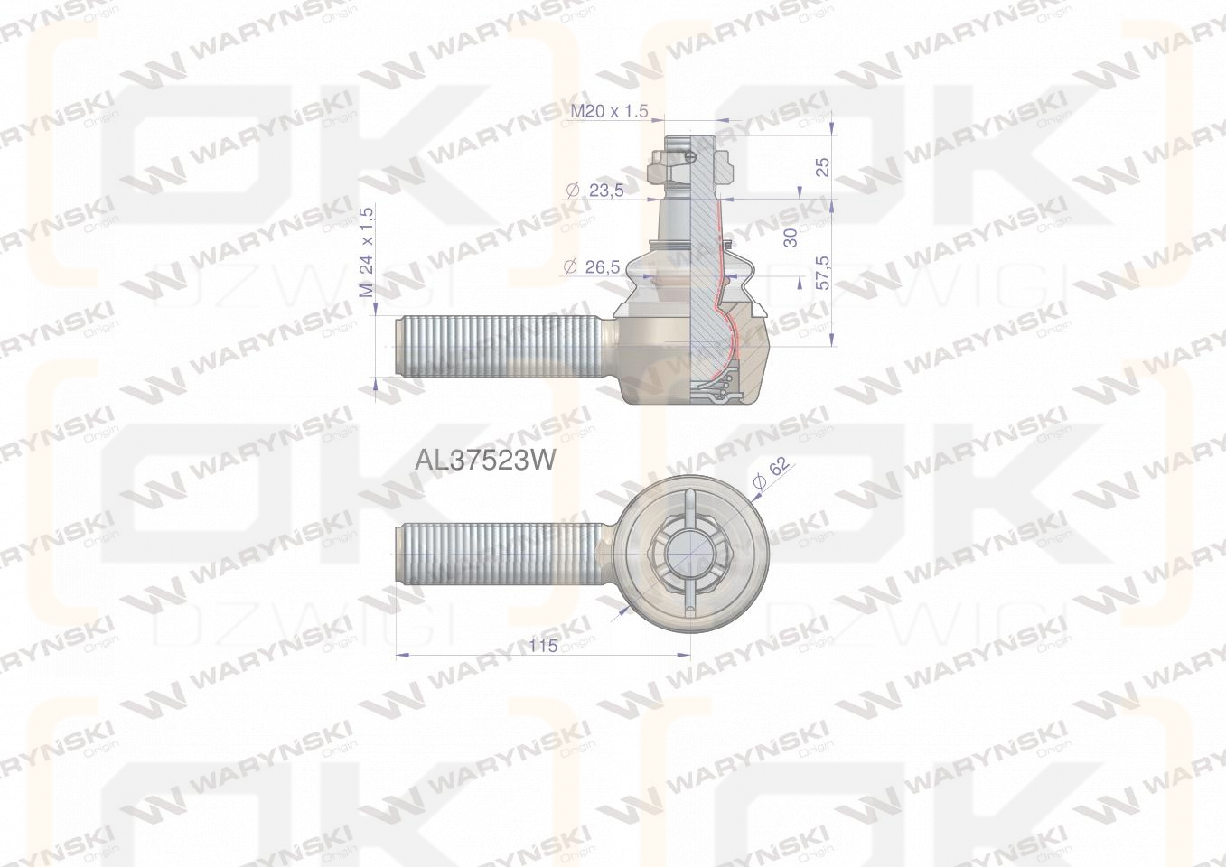 Przegub kierowniczy 115mm- M24x1,5 AL37523 WARYŃSKI