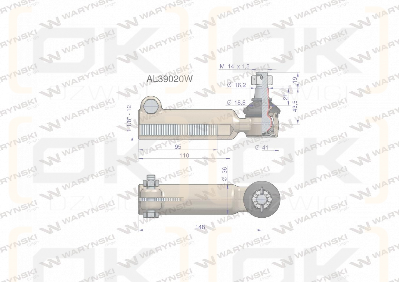 Przegub kierowniczy 148mm- M1 1/8-12 AL39020 WARYŃSKI