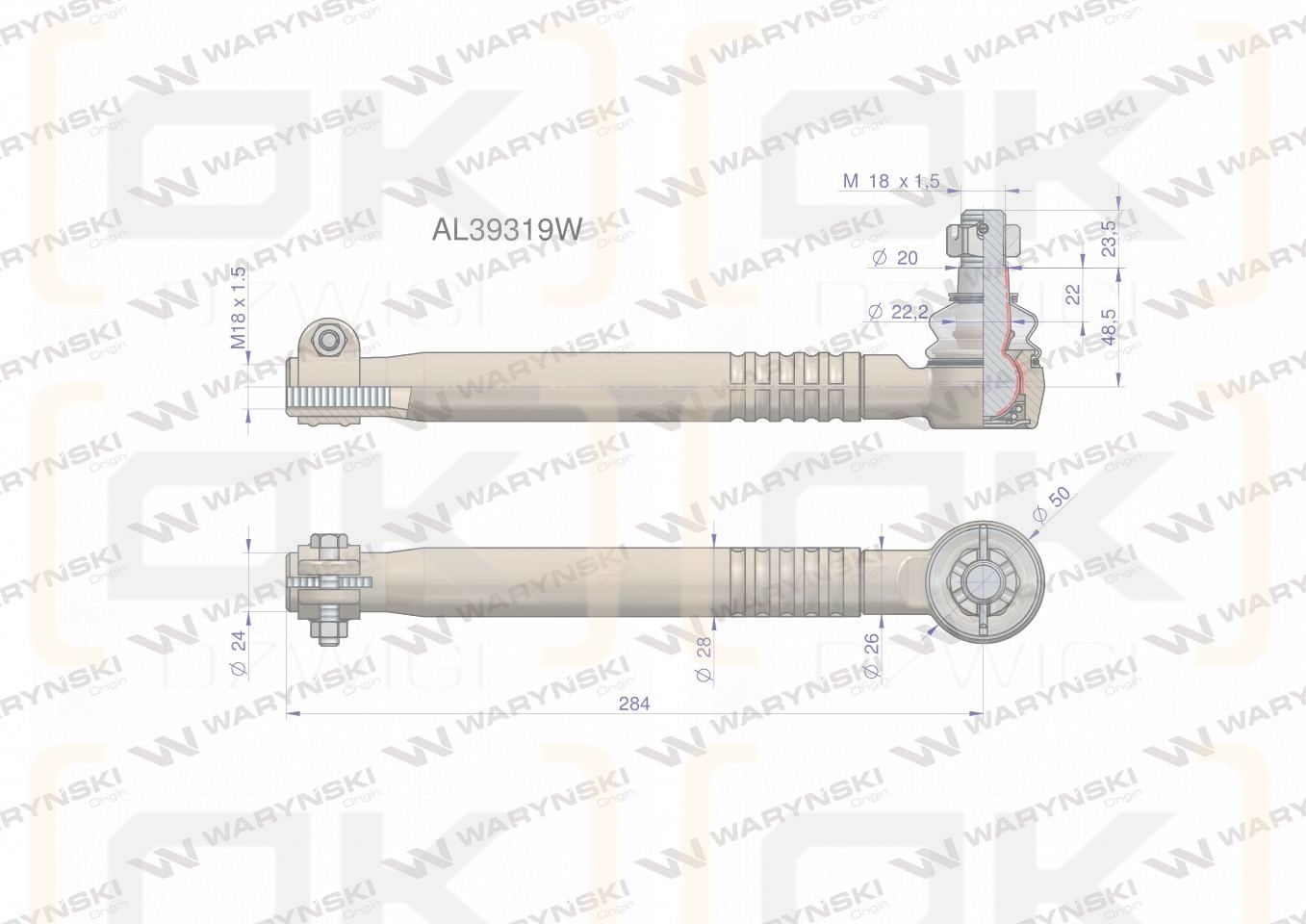 Przegub kierowniczy 284mm- M18x1,5 AL39319 WARYŃSKI