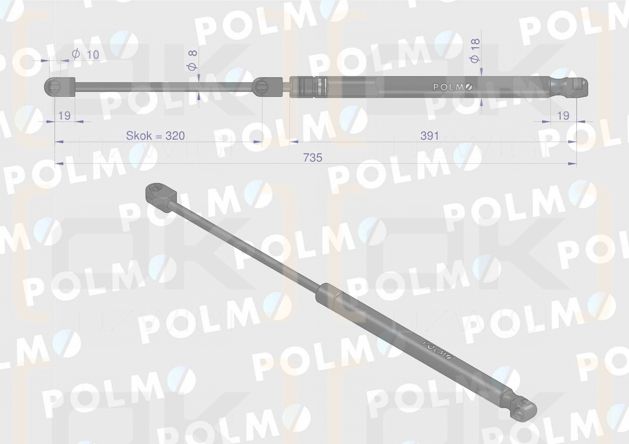 Siłownik szyby tylnej L max. 740mm AL66991P JOHN DEERE POLMO