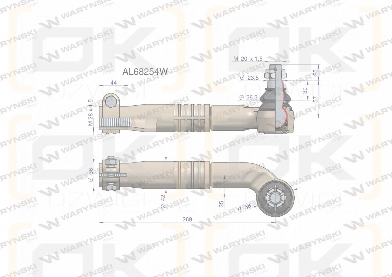 Przegub kierowniczy lewy 269mm- M28x1,5 AL68254 WARYŃSKI
