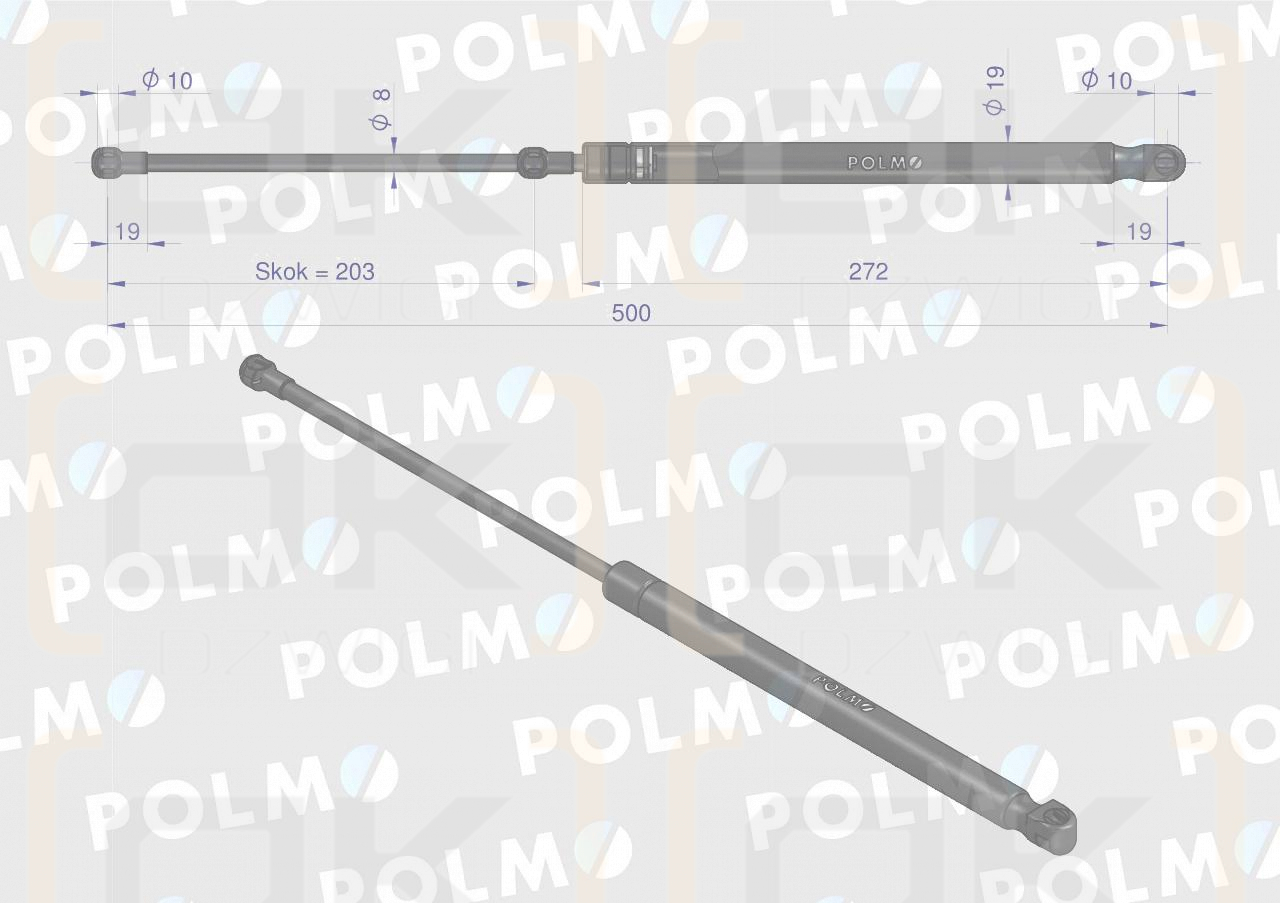 Siłownik szyby przedniej L max. 500mm AL78986P JOHN DEERE POLMO