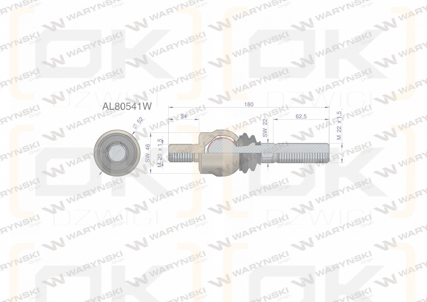 Przegub kierowniczy 180mm- M20x1,5; M22x1,5 AL80541 WARYŃSKI
