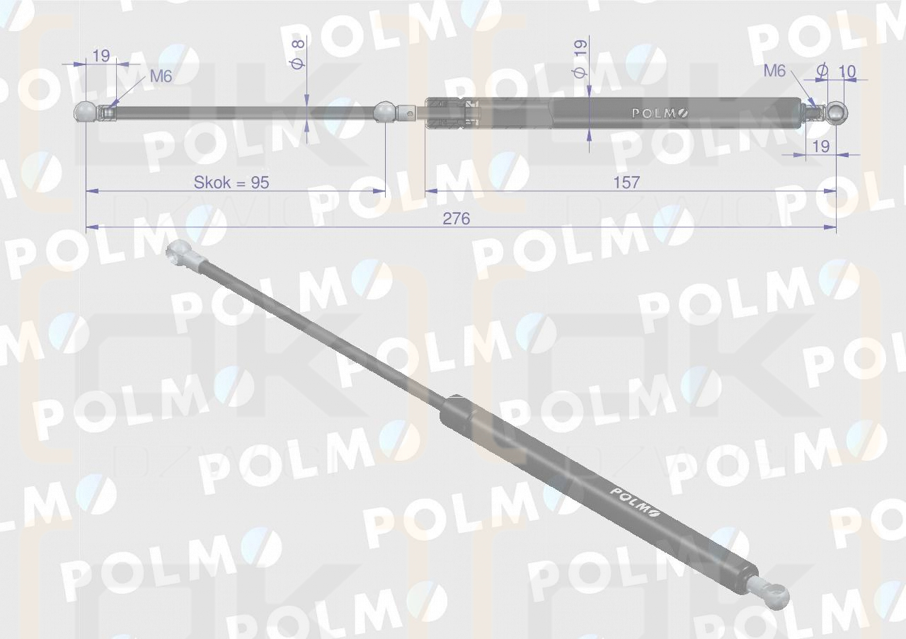 Siłownik drzwi i szyba przednia (tylko do ciągników z ładowaczem czołowym) L max. 276mm B40491P FENDT POLMO