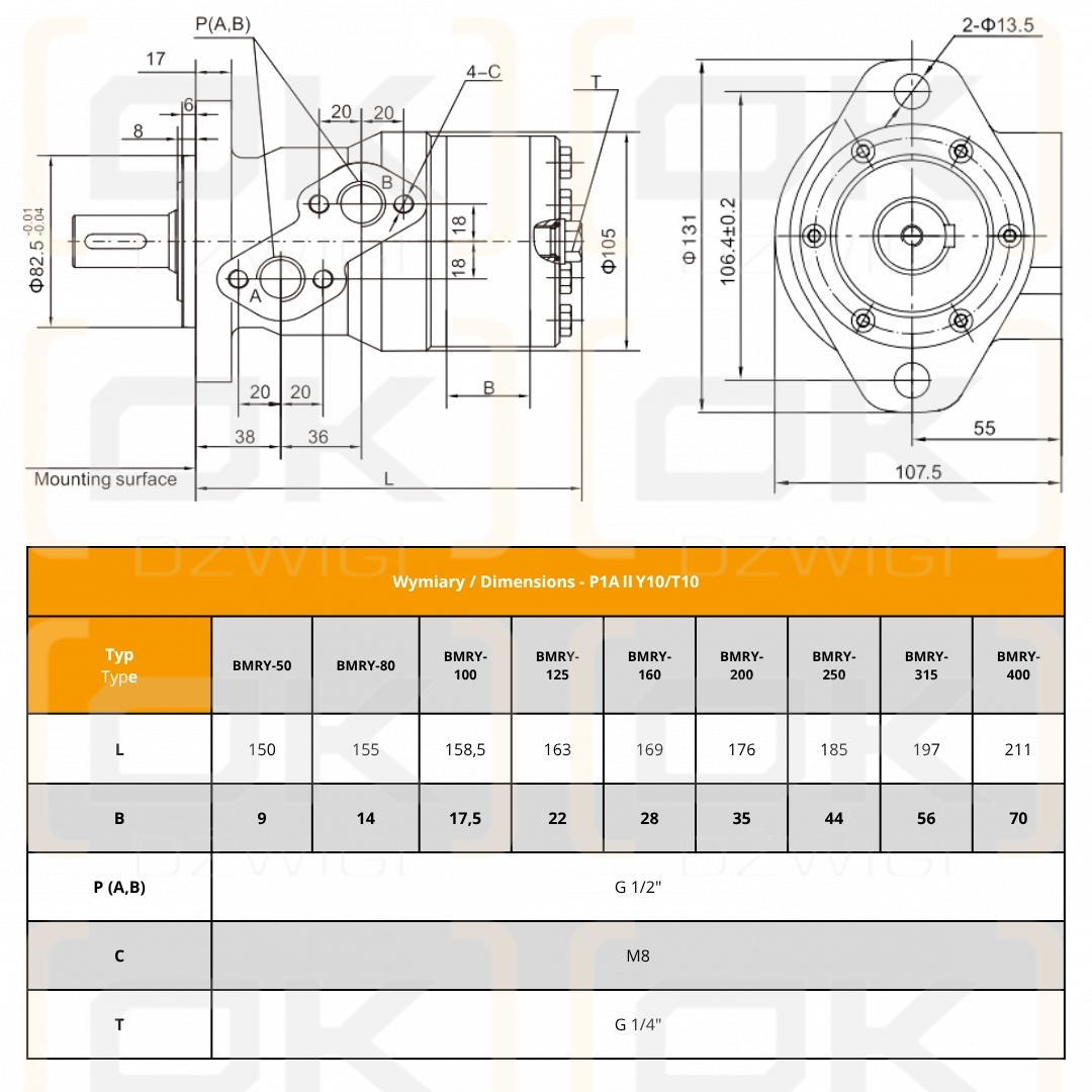 Motor hidráulico BMRY-400 (401,9 cm3/rev) Brida A2, eje del cilindro de 25 mm