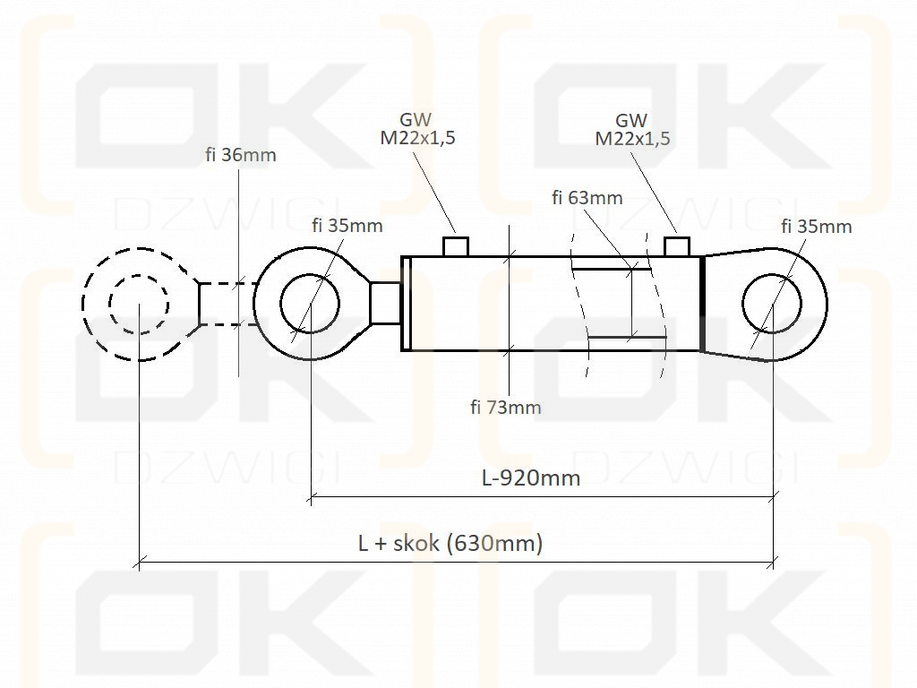 Cylinder hydrauliczny CJ2F-63/36-630Z (dwustronny) sworzeń fi 35mm do TUR