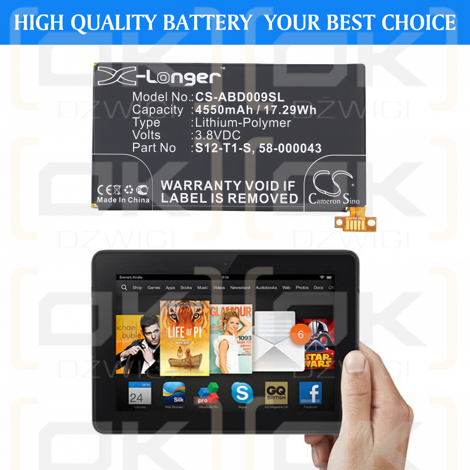 Batería Amazon C9R6QM / S12-T1-S de polímero de litio de 4550 mAh y 3,8 V (Cameron Sino)