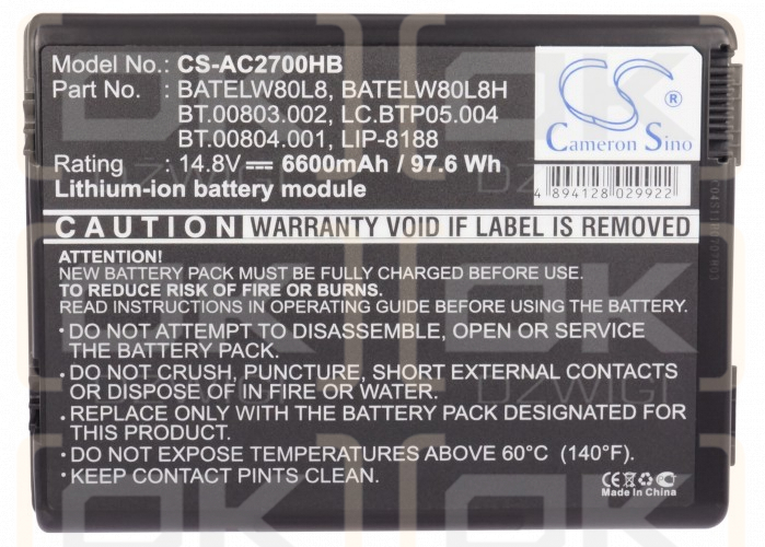 Сменный аккумулятор для Acer Aspire 1674WLMi / BATELW80L8 6600 мАч Li-ion 14,8 В (Cameron Sino)