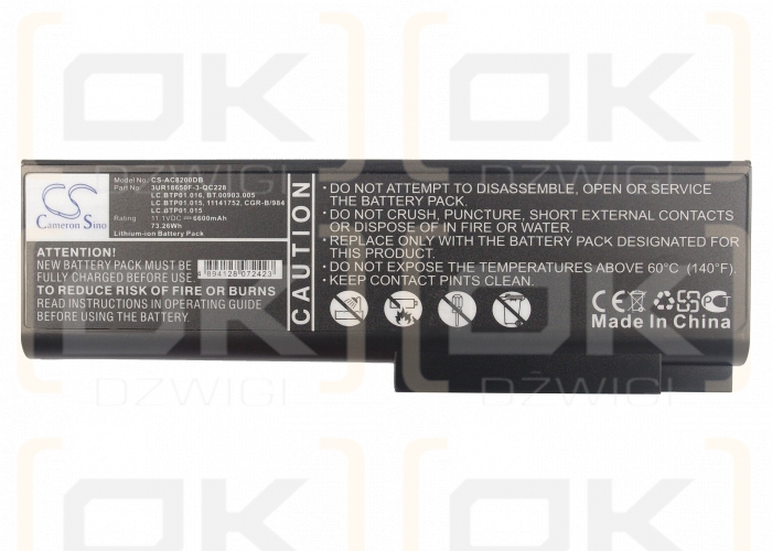 Acer TravelMate 8202WLMi / 3UR18650F-3-QC228 6600 mAh Li-ion 11.1 V (Cameron Sino)