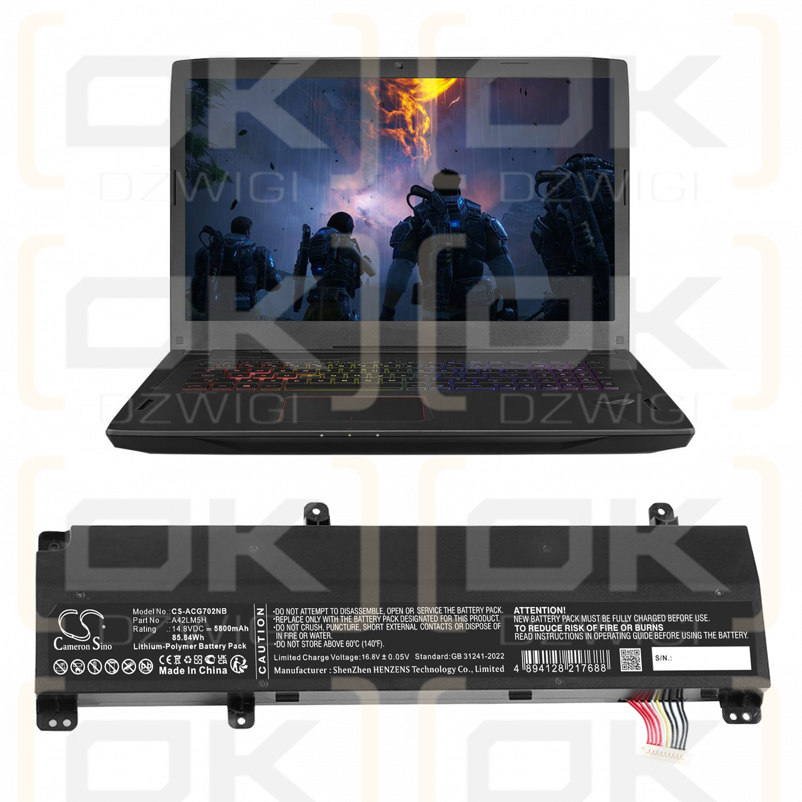 Batería de polímero de litio Acer ROG Strix GL702VI-WB74 / 0B110-00490000 de 5800 mAh y 14,8 V (Cameron Sino)