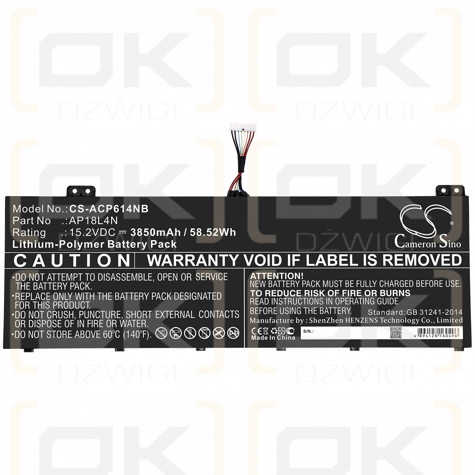 Acer TMP614-51-75A3 / AP18L4N 3850mAh Li-Polymer 15.20V (Cameron Sino)