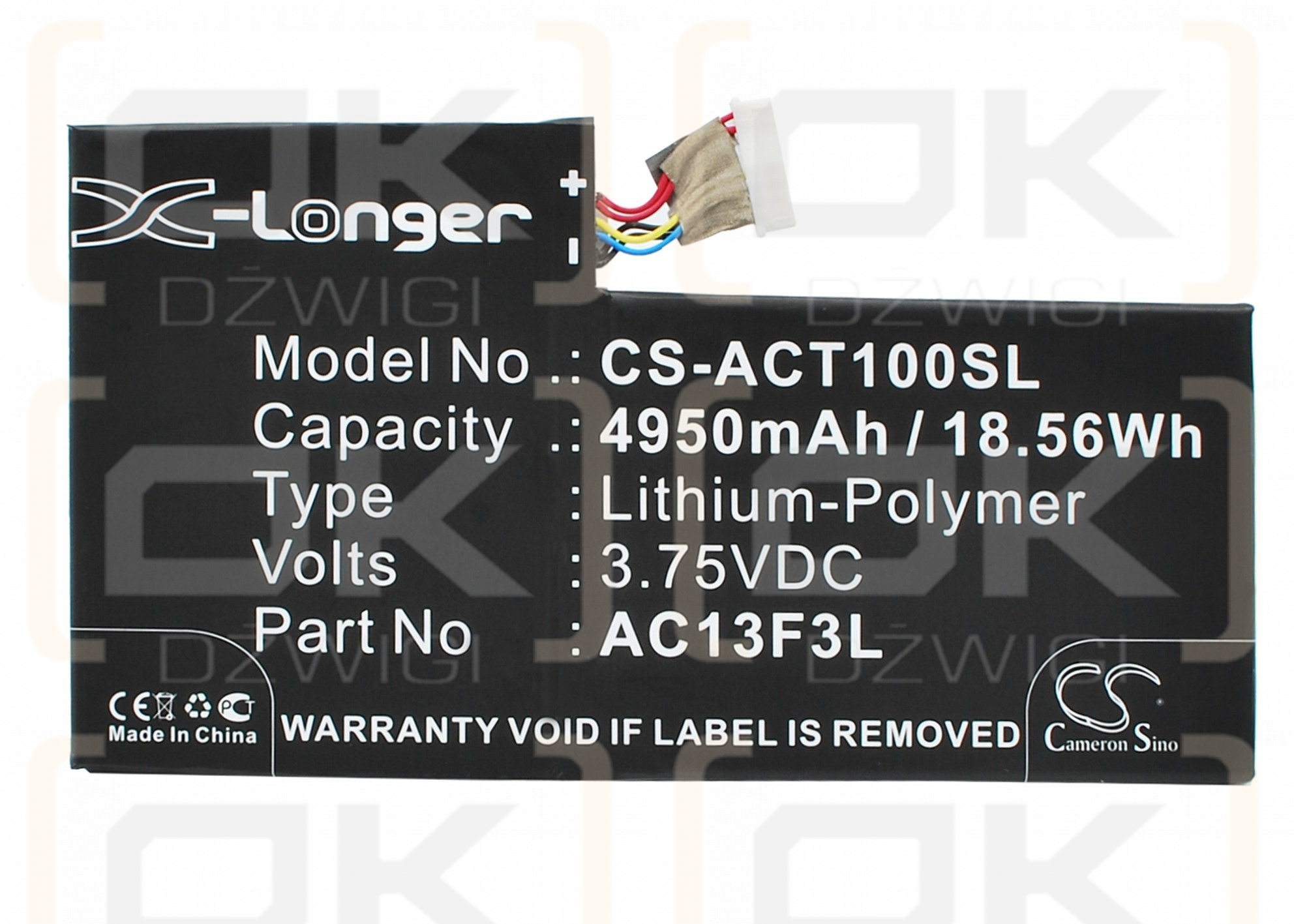 Batería de polímero de litio Acer W4-820P / AC13F3L de 4950 mAh y 3,75 V (Cameron Sino)