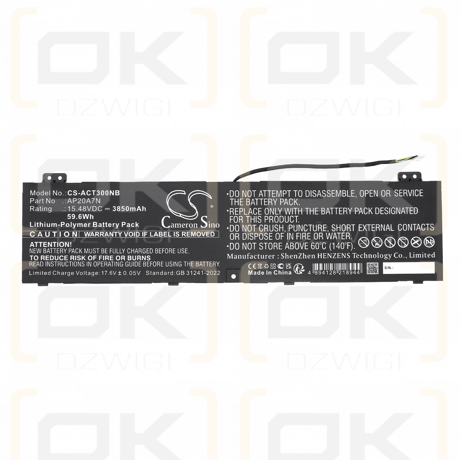 Acer Predator Triton 300 Se Pt314-51s-72wr / AP20A7N 3850mAh Li-Polymer 15.48V (Cameron Sino)