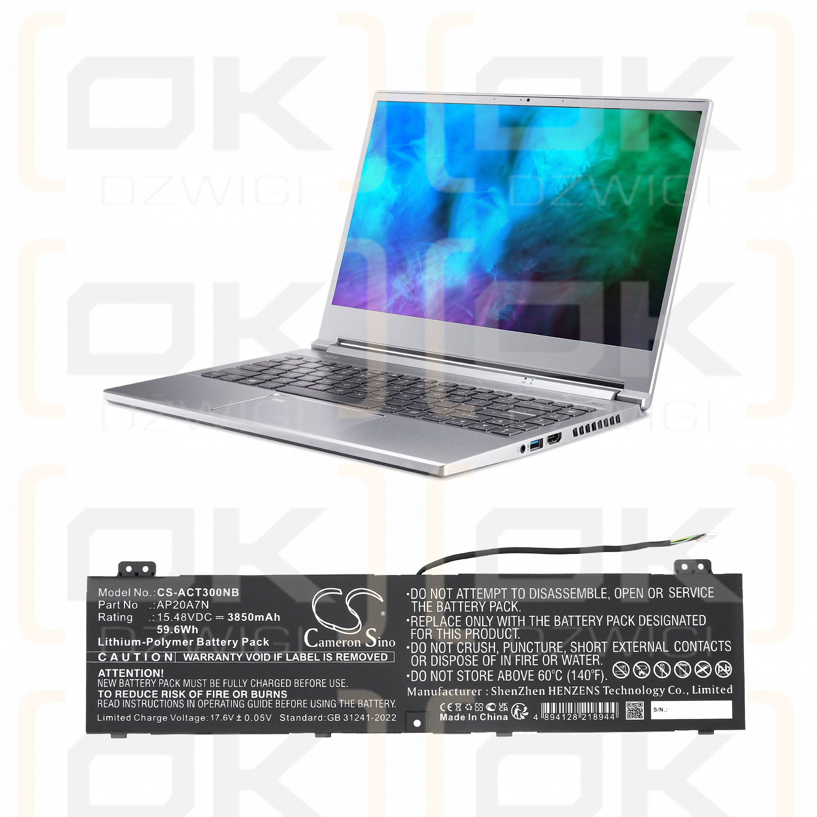 Acer Predator Triton 300 Se Pt314-51s-72wr / AP20A7N 3850mAh Li-Polymer 15.48V (Cameron Sino)
