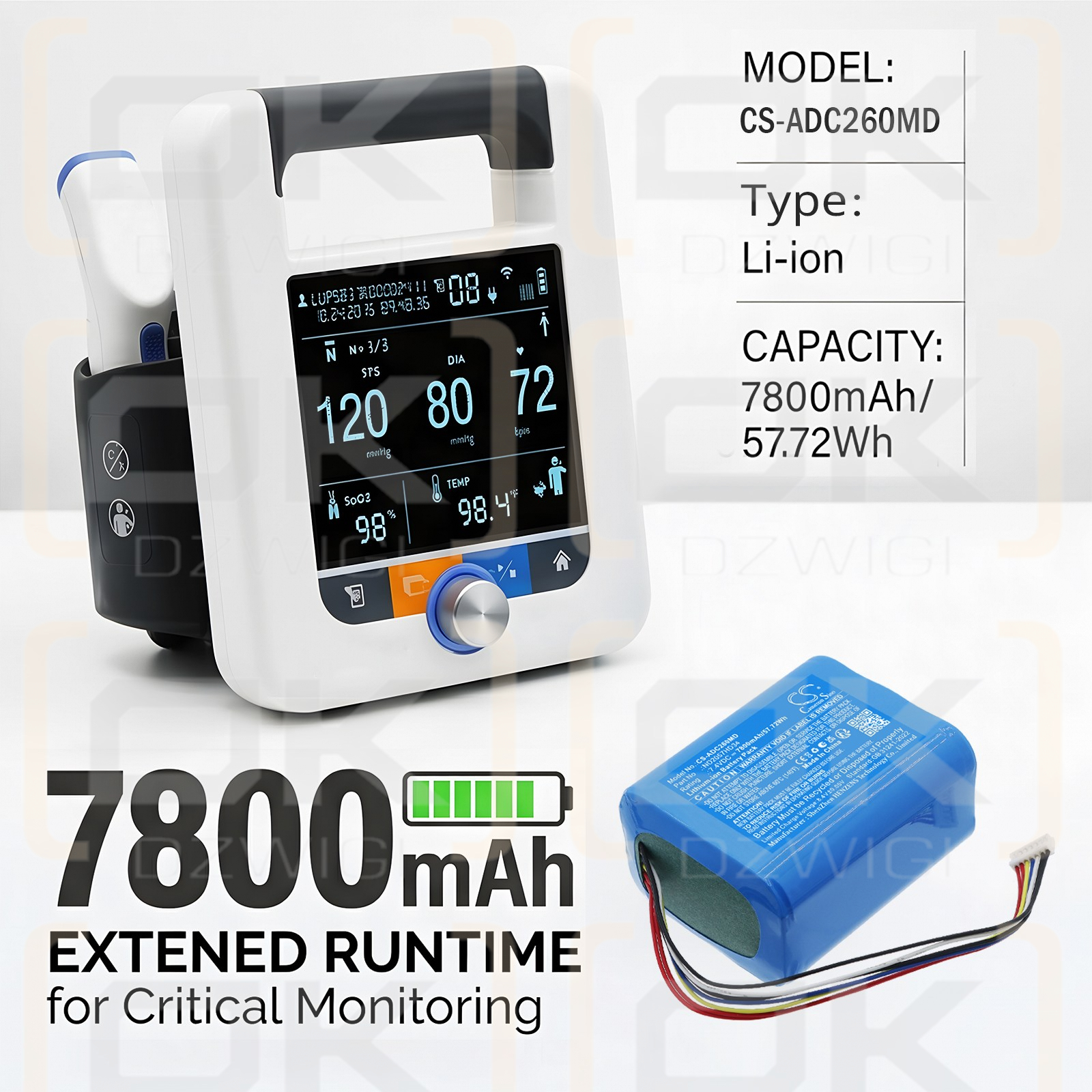 Batería de repuesto para monitor SunTech CT40 / 9005BAT 7800 mAh Li-ion 7.4 V (Cameron Sino)