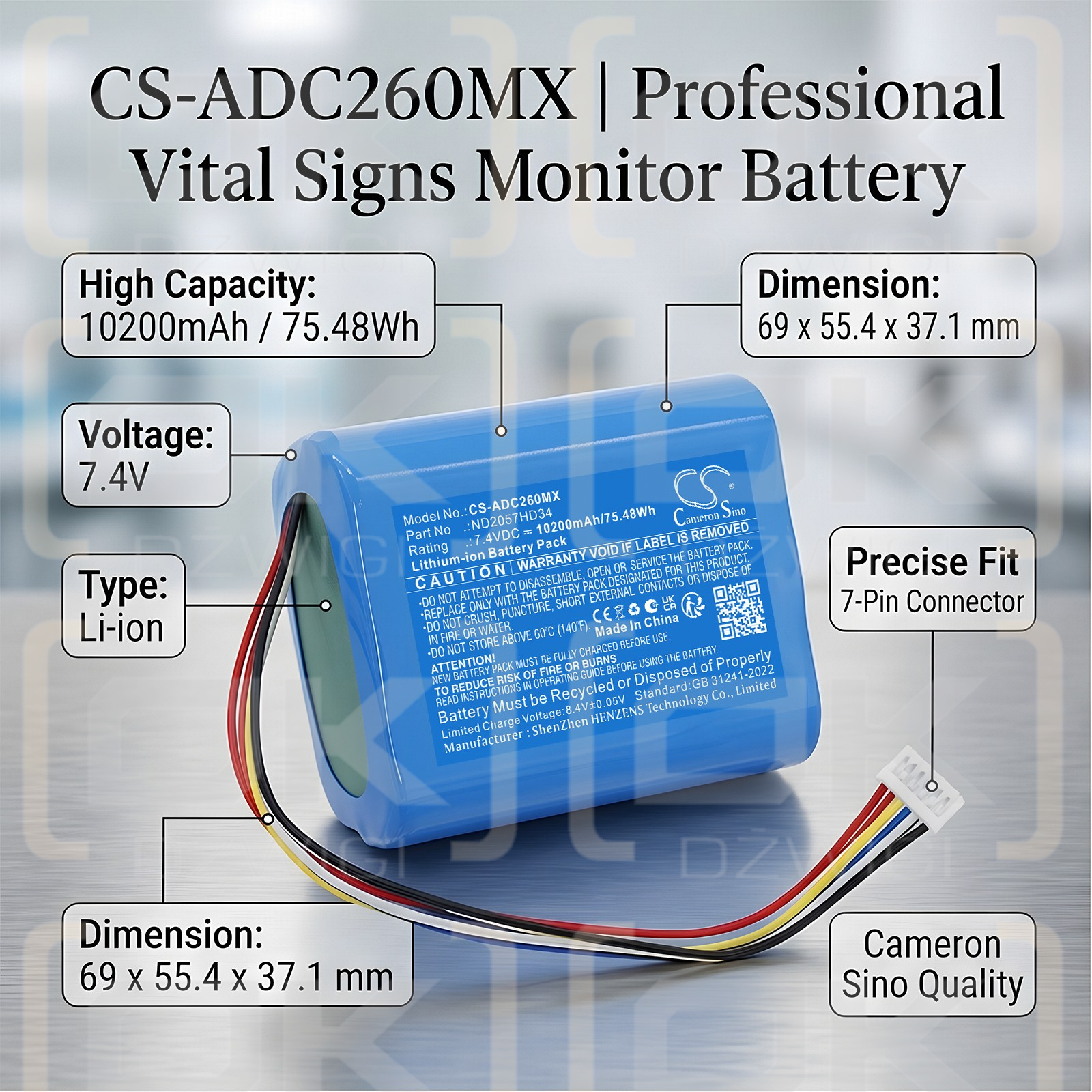 Batería de repuesto para monitor SunTech CT40 / 9005BAT 10200 mAh Li-ion 7.4 V (Cameron Sino)