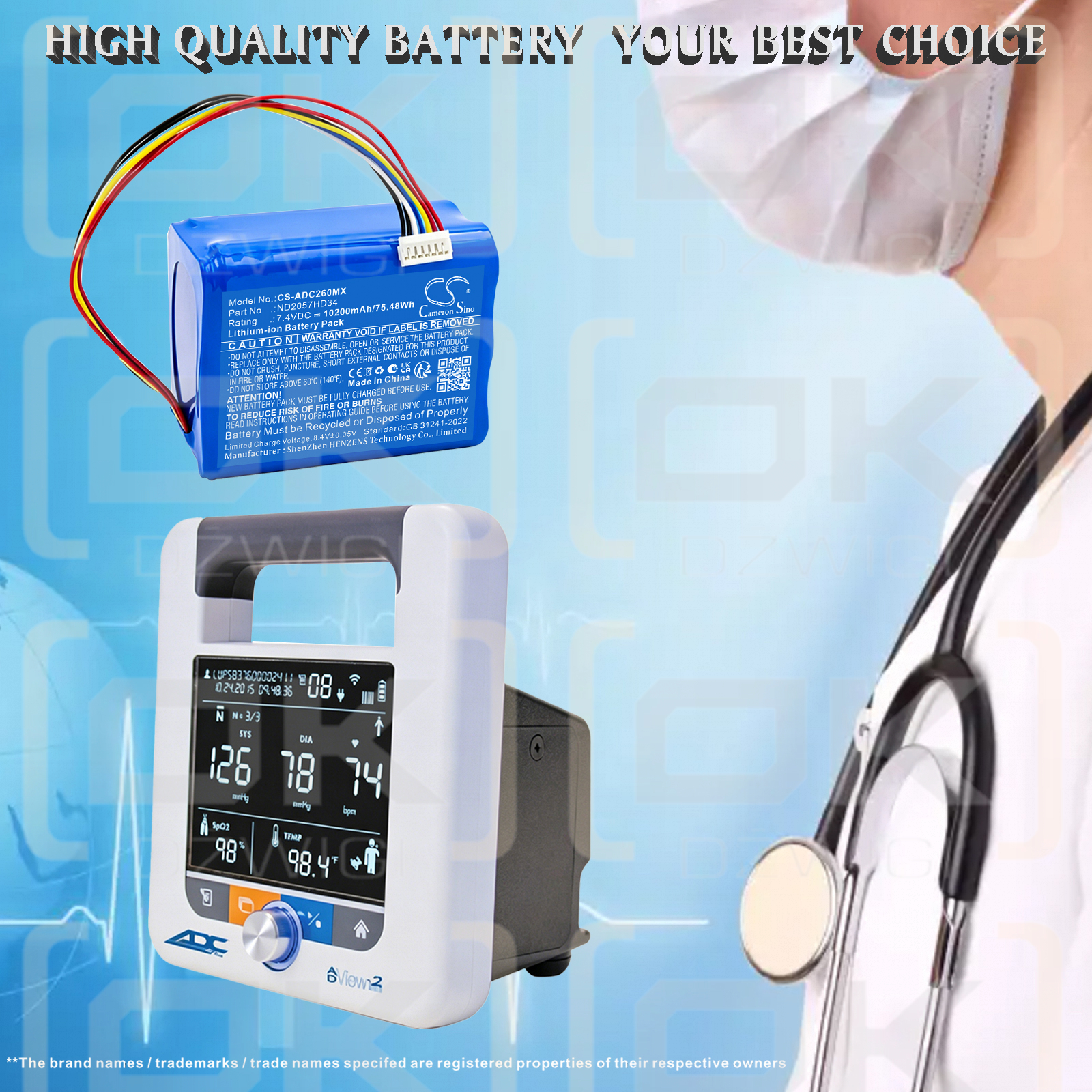 Ersatzakku für SunTech CT40 Monitor / 9005BAT 10200 mAh Li-Ion 7,4 V (Cameron Sino)