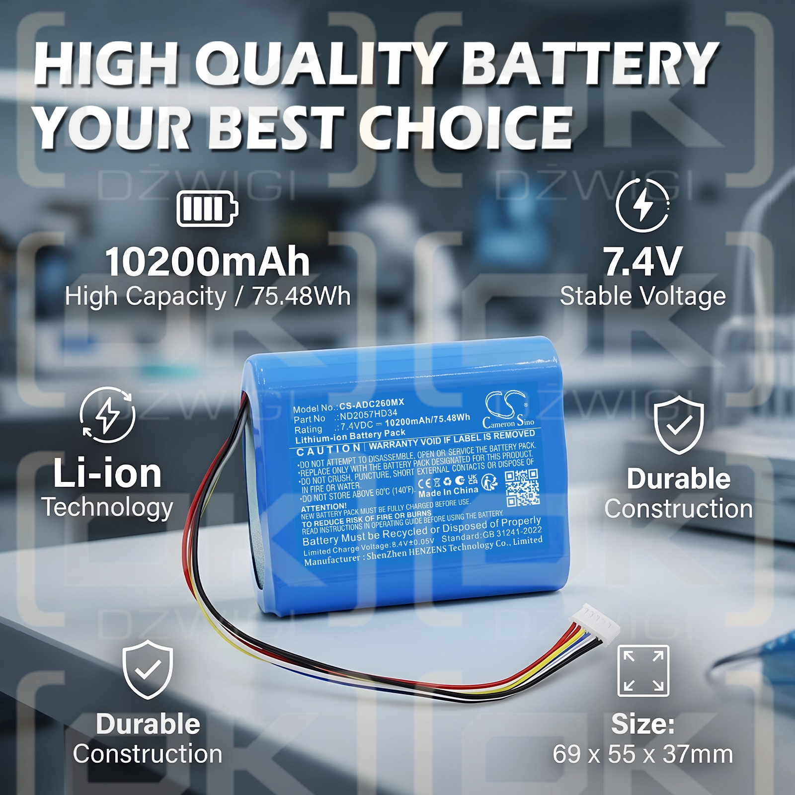 Batería de repuesto para monitor SunTech CT40 / 9005BAT 10200 mAh Li-ion 7.4 V (Cameron Sino)