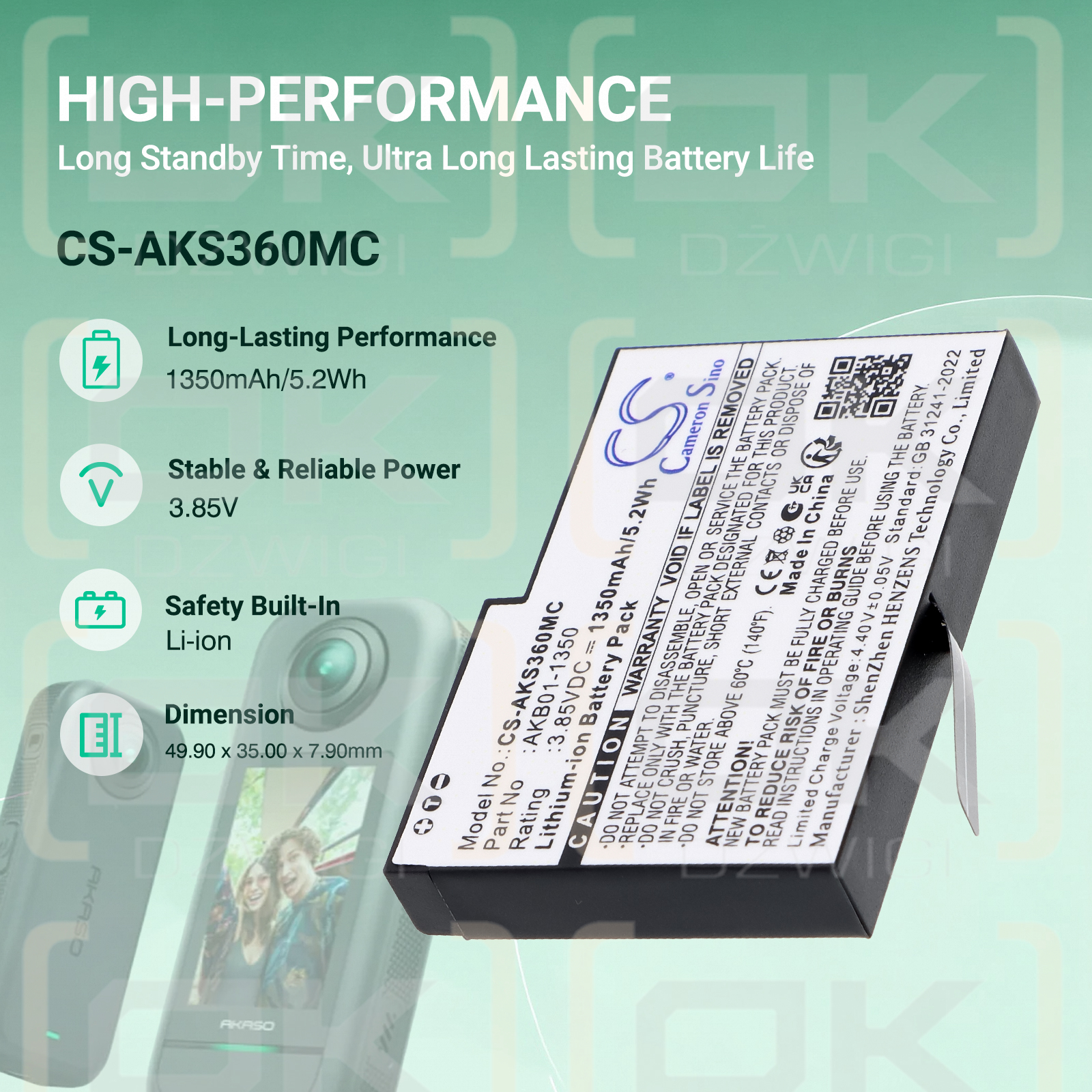Bateria zamienna do AKASO  Weatherproof 360 Action Camera / AKB01-1350 1350 mAh Li-ion 3.85 V (Cameron Sino)