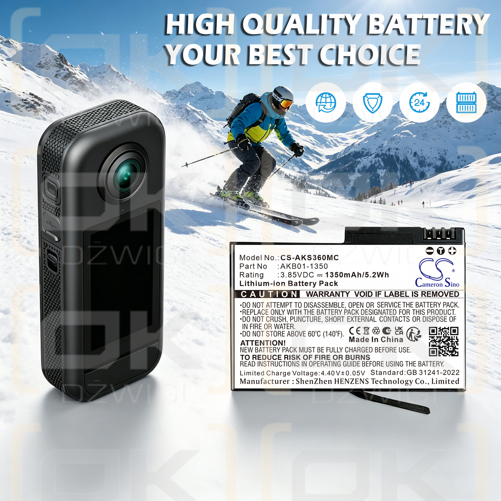 Bateria zamienna do AKASO  Weatherproof 360 Action Camera / AKB01-1350 1350 mAh Li-ion 3.85 V (Cameron Sino)