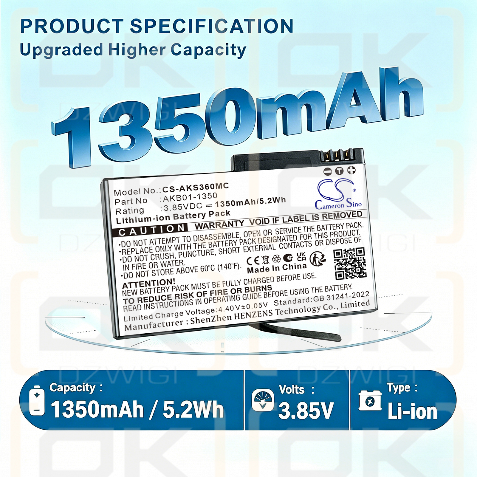 Bateria zamienna do AKASO  Weatherproof 360 Action Camera / AKB01-1350 1350 mAh Li-ion 3.85 V (Cameron Sino)