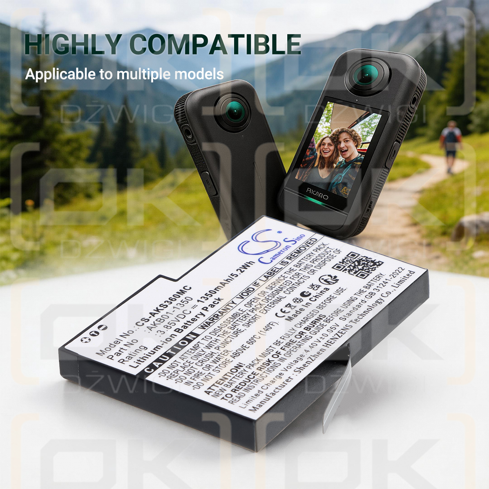 Bateria zamienna do AKASO  Weatherproof 360 Action Camera / AKB01-1350 1350 mAh Li-ion 3.85 V (Cameron Sino)