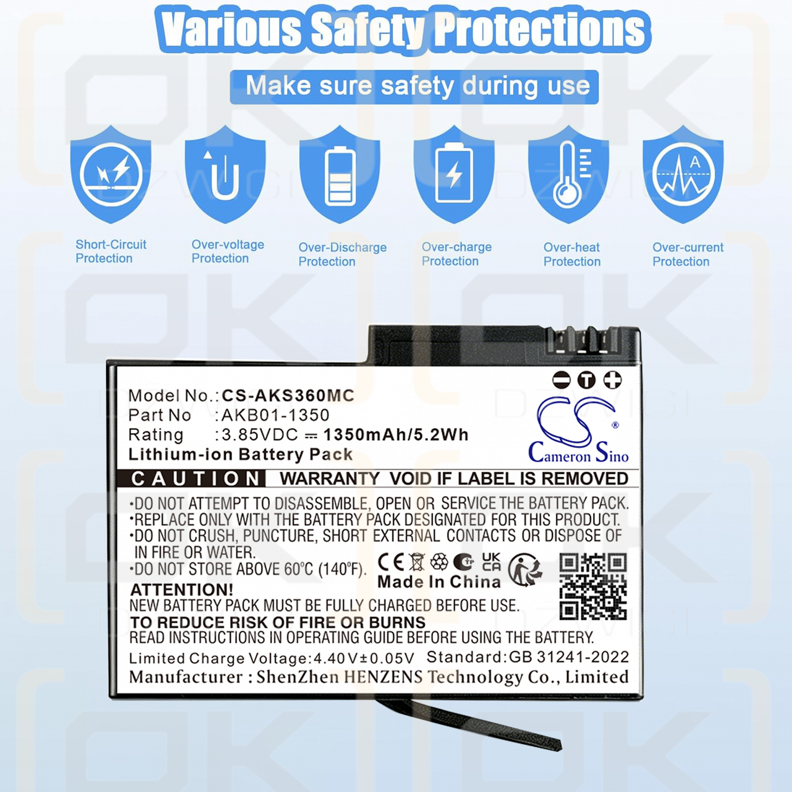 Bateria zamienna do AKASO  Weatherproof 360 Action Camera / AKB01-1350 1350 mAh Li-ion 3.85 V (Cameron Sino)