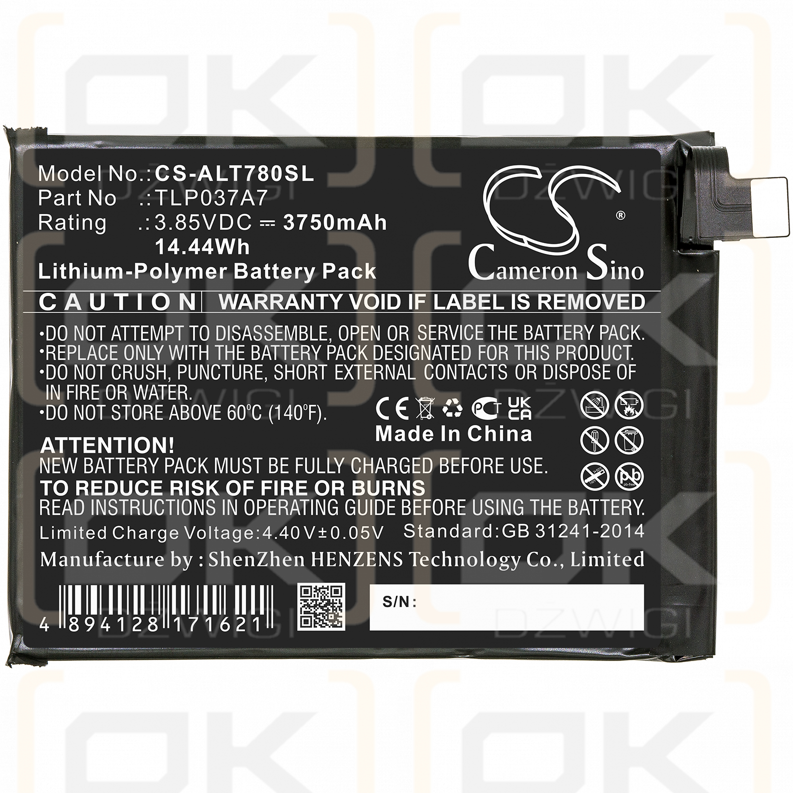 Alcatel T780H / TLP037A7 3750mAh Li-Polymer 3.85V (Cameron Sino)