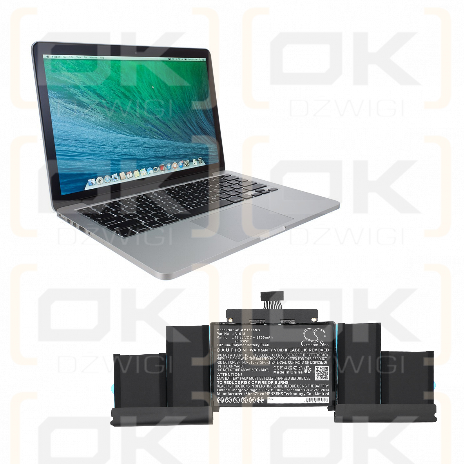 Apple A1398 Retina 2015 / A1618 8700 mAh Li-Polymer 11,36 V (Cameron Sino)