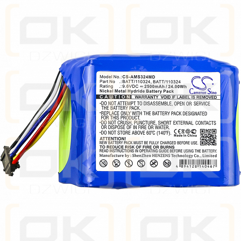 Batería de repuesto para bomba de infusión Alaris Medicalsystems Asena GP / BATT/110324 2500 mAh Ni-MH 9,6 V (Cameron Sino)