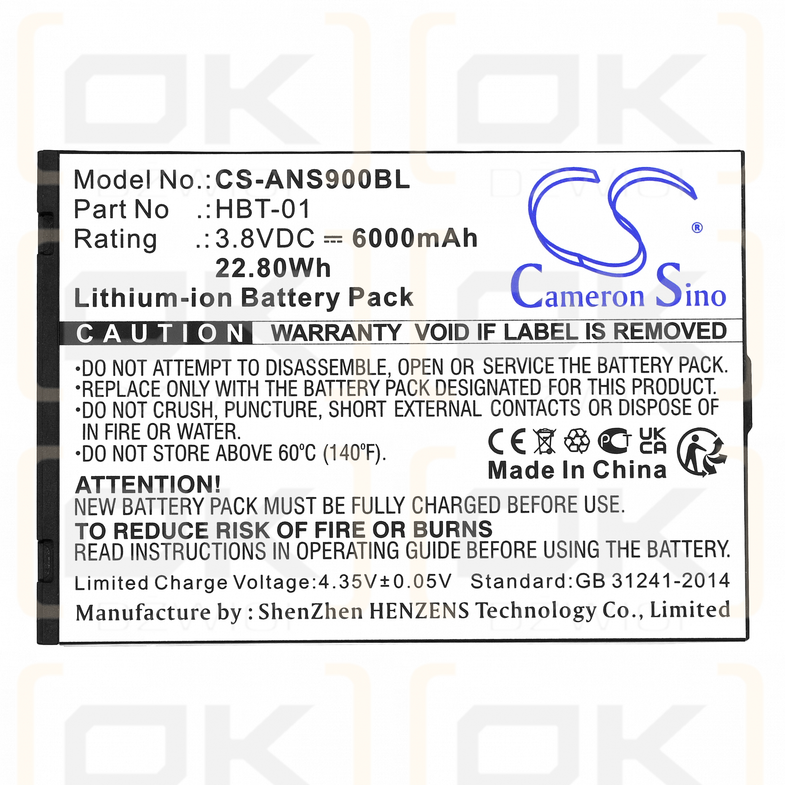 Aisino A90 / HBT-01 6000 mAh Li-Ion 3,8 V (Cameron Sino)