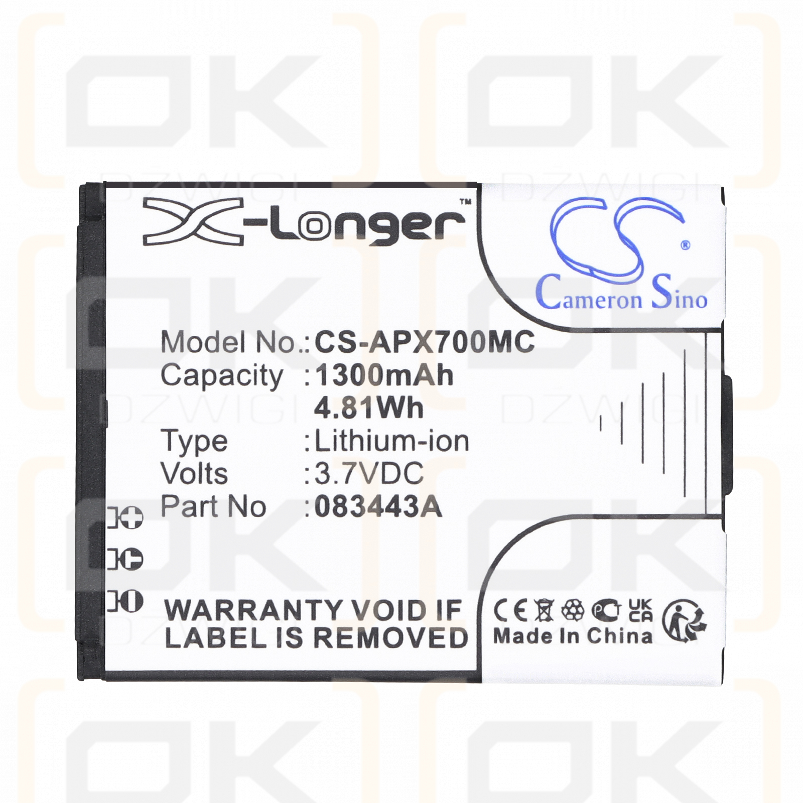 Ersatzakku für Actionpro ISAW A3 / 083443A 1300 mAh Li-Ion 3,7 V (Cameron Sino)