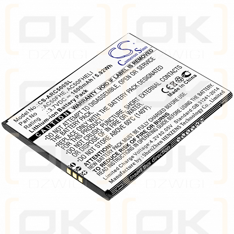 Archos GX395872 / AC50FHE 1600 mAh Li-Ion 3,7 V (Cameron Sino)