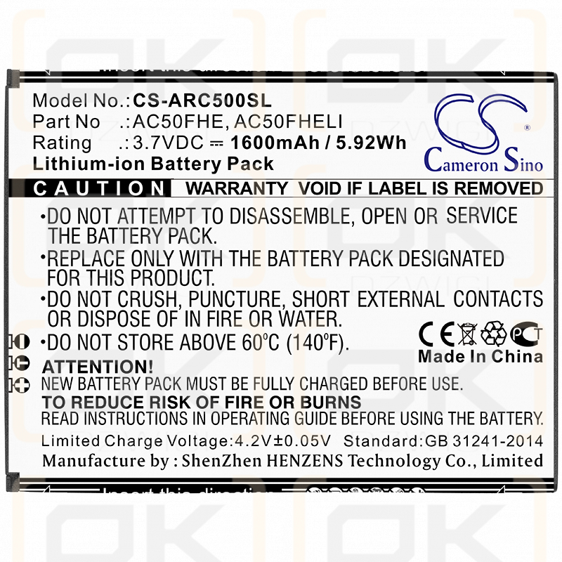 Archos GX395872 / AC50FHE 1600 mAh Li-Ion 3,7 V (Cameron Sino)