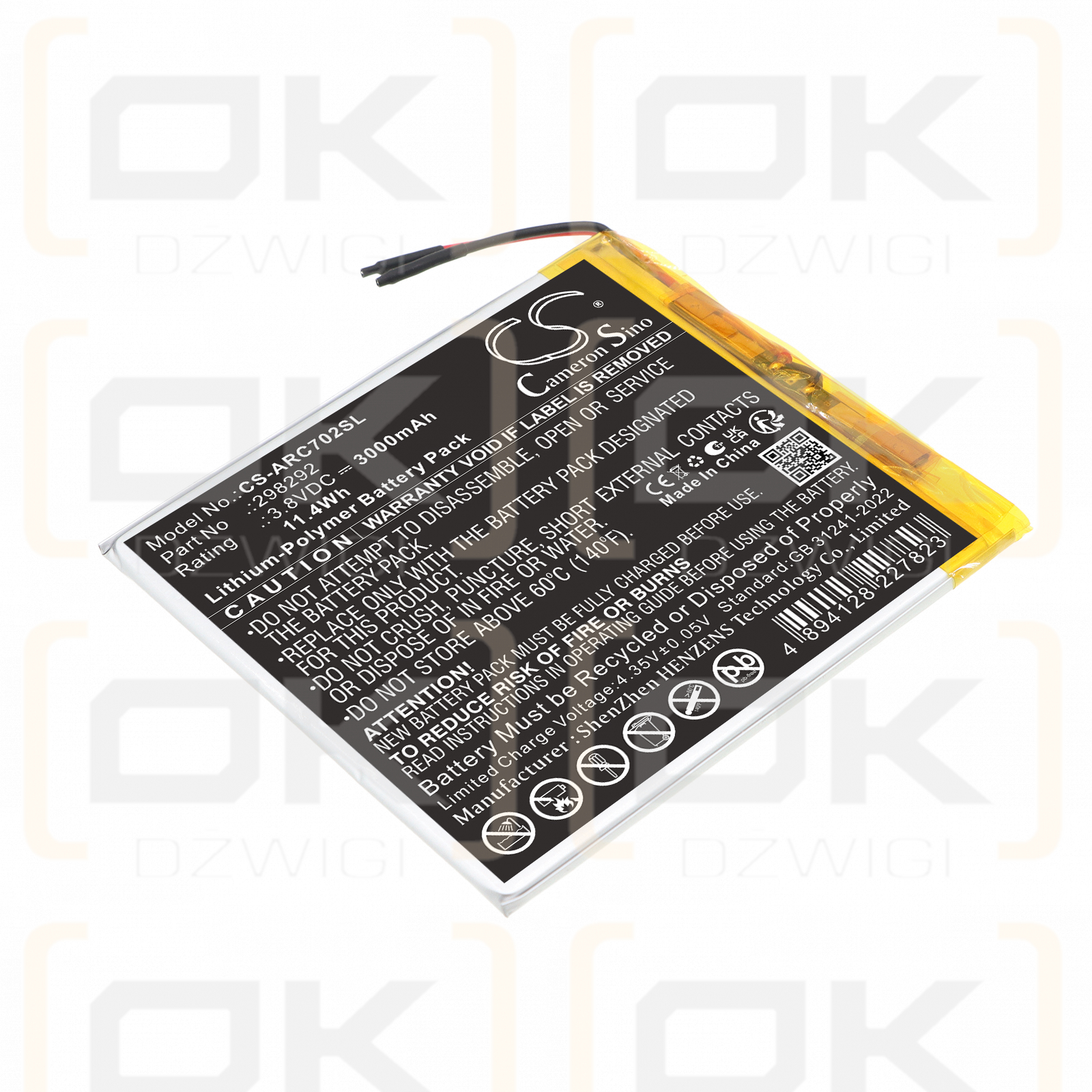 Replacement Battery for Archos AC70OXV2 / 298292 3000 mAh Li-Polymer 3.8 V (Cameron Sino)