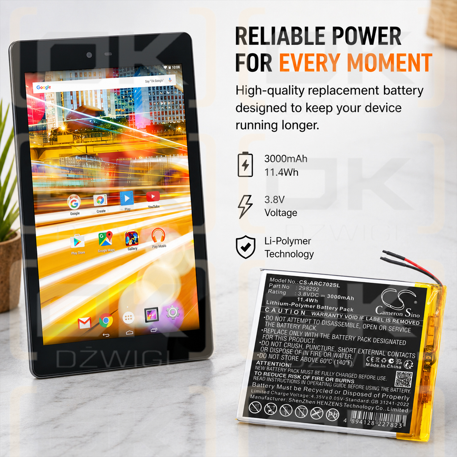 Replacement Battery for Archos AC70OXV2 / 298292 3000 mAh Li-Polymer 3.8 V (Cameron Sino)